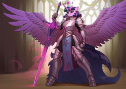 Size: 1200x848 | Tagged: safe, artist:chrysalisdraws, derpibooru import, twilight sparkle, twilight sparkle (alicorn), alicorn, anthro, unguligrade anthro, g4, armor, female, giant sword, indoors, solo, sword, weapon