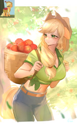 Size: 1053x1686 | Tagged: safe, artist:卯卯七, derpibooru import, applejack, anthro, earth pony, applebuck season, g4, apple, basket, breasts, cleavage, clothes, female, food, my little pony: friendship is magic, outdoors, scene interpretation, screencap reference, solo, tired