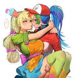 Size: 1169x1200 | Tagged: safe, artist:卯卯七, derpibooru import, applejack, rainbow dash, human, g4, appledash, blushing, bridal carry, cap, carrying, clothes, dialogue, dress, duo, female, hat, humanized, imminent kissing, lesbian, looking at each other, looking at someone, shipping, simple background, speech bubble, white background