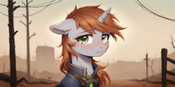 Size: 2400x1200 | Tagged: safe, ai content, derpibooru import, machine learning generated, oc, oc:littlepip, pony, unicorn, fallout equestria, crying, horn, outdoors, prompter:greesys, solo, wasteland