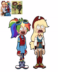 Size: 2004x2536 | Tagged: safe, artist:卯卯七, derpibooru import, applejack, rainbow dash, human, amphibia, anne boonchuy, appledash, bandage, boots, clothes, eye clipping through hair, eyebrows, eyebrows visible through hair, female, garter belt, garter straps, goggles, goggles on head, holding hands, humanized, jewelry, lesbian, looking at each other, looking at someone, necklace, ripped stockings, rwby, sasha waybright, screencap reference, shipping, shocked, shoes, simple background, stockings, thigh highs, torn clothes, vest, white background