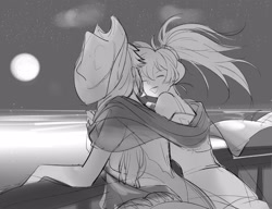 Size: 3500x2688 | Tagged: safe, artist:卯卯七, derpibooru import, applejack, rainbow dash, human, g4, appledash, black and white, clothes, duo, female, full moon, grayscale, humanized, lesbian, looking at each other, looking at someone, monochrome, moon, night, outdoors, scarf, shared clothing, shared scarf, shipping, sketch