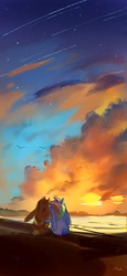 Size: 1281x2778 | Tagged: safe, artist:卯卯七, derpibooru import, applejack, rainbow dash, bird, rabbit, g4, appledash, bunnified, duo, female, hat, lesbian, outdoors, scenery, scenery porn, shipping, species swap, stars, sunset, water