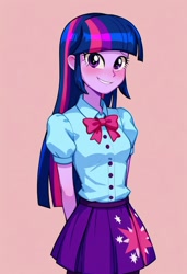 Size: 832x1216 | Tagged: safe, ai content, derpibooru import, machine learning generated, twilight sparkle, human, equestria girls, g4, blushing, clothes, cutie mark, female, human female, looking at you, prompter:flutteryaylove, simple background, skirt, smiling