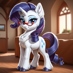 Size: 1024x1024 | Tagged: safe, ai content, derpibooru import, machine learning generated, rarity, pony, unicorn, g4, adorkable, cute, dork, horn, indoors, prompter:ilham470, raribetes, solo