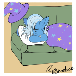 Size: 4400x4400 | Tagged: safe, artist:tkshoelace, derpibooru import, trixie, pony, unicorn, g4, clothes, ear fluff, ears, eyelashes, eyes closed, hat, horn, indoors, lying down, passepartout, pillow, sleeping, sofa, solo, trixie's hat