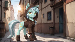 Size: 3840x2160 | Tagged: safe, ai content, derpibooru import, machine learning generated, lyra heartstrings, pony, unicorn, g4, boots, clothes, day, female, hood, horn, looking at you, mare, outdoors, prompter:bluetoothworld, shoes, smiling, solo, sun, tail, wallpaper