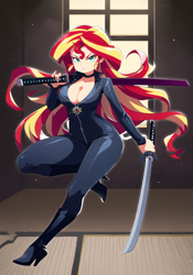 Size: 896x1280 | Tagged: source needed, safe, ai content, derpibooru import, generator:novelai, generator:stable diffusion, machine learning generated, sunset shimmer, human, equestria girls, g4, boots, breasts, catsuit, cleavage, clothes, cute, duo, female, feminism, fit, flowing hair, high heel boots, high heels, indoors, katana, kenjutsu, martial arts, pair, prompter needed, shimmerbetes, shoes, slender, sunsass shimmer, sword, thin, weapon