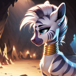 Size: 1024x1024 | Tagged: safe, ai content, derpibooru import, generator:pony diffusion v6 xl, generator:stable diffusion, machine learning generated, zecora, zebra, g4, beautiful eyes, female, mare, profile, prompter:teonanakatle, side view, smiling, solo