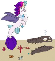 Size: 2092x2300 | Tagged: safe, artist:supahdonarudo, derpibooru import, queen novo, seapony (g4), g4, bubble, coral, dorsal fin, female, fin, fin wings, fins, fish tail, flowing mane, flowing tail, fossil, isopod, marine reptile, mosasaur, ocean, partially transparent background, sand, sea reptile, seabed, seashell, shell, skull, starfish, surprised, swimming, tail, underwater, water, wings