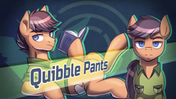 Size: 1920x1080 | Tagged: safe, artist:bkiltersot, derpibooru import, quibble pants, earth pony, g4, book, danganronpa, lying down, male, on back, reading, solo, stallion, style emulation, text