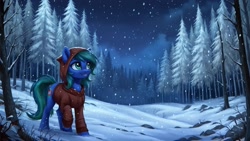 Size: 2560x1440 | Tagged: safe, ai content, derpibooru import, generator:pony diffusion v6 xl, generator:stable diffusion, machine learning generated, oc, oc only, pony, clothes, forest, hoodie, nature, night, outdoors, prompter:siber, scenery, smiling, snow, snowfall, solo, tree, winter