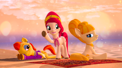 Size: 5120x2880 | Tagged: safe, artist:silkworm205, derpibooru import, aunt orange, cherry jubilee, stormy flare, earth pony, pegasus, series:silkworm205's weekly artwork 2024, g4, 3d, bags under eyes, beach, beach towel, clothes, colored eyebrows, colored wings, colored wingtips, ears, eyeshadow, female, floppy ears, fluffy hair, fluffy mane, jewelry, lidded eyes, looking at you, looking back, looking back at you, lying down, makeup, necklace, ocean, outdoors, prone, revamped ponies, sitting, source filmmaker, source filmmaker resource, sploot, spread wings, sweater, tail, trio, trio female, unshorn fetlocks, water, waving, waving at you, wings