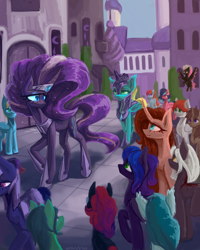 Size: 4000x5000 | Tagged: safe, alternate version, artist:anastas, derpibooru import, part of a set, nightmare rarity, oc, oc:allegro, oc:asteria, oc:ciamon, oc:cosmic wave, oc:glory star, oc:penumbra, oc:pulmenti, oc:skyrex, oc:tess petrichor, oc:visio ensis, bat pony, earth pony, pegasus, pony, unicorn, series:ask nightmare rarity, g4, ask, canterlot, comic, detailed background, ethereal mane, ethereal tail, eyelashes, eyeshadow, female, flowing mane, flowing tail, flying, horn, jewelry, makeup, mare, mlp art ask (ru), outdoors, regalia, slit eyes, smiling, solo, starry mane, starry tail, tail, walking, wings