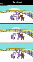 Size: 1920x3516 | Tagged: safe, artist:platinumdrop, derpibooru import, princess flurry heart, oc, alicorn, earth pony, pony, comic:dark heart, g4, 3 panel comic, alternate timeline, armor, balcony, collar, colt, comic, commission, crystal empire, dialogue, evil flurry heart, eyes closed, female, foal, folded wings, head pat, horn, jewelry, looking at each other, looking at someone, male, mare, nervous, older, older flurry heart, open mouth, pat, regalia, slave, slave collar, smug, speech bubble, spiked collar, spiked wristband, surprised, victorious villain, wings, wristband