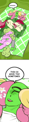 Size: 975x4066 | Tagged: safe, artist:maretheory.exe, derpibooru import, daisy, flower wishes, lily, lily valley, roseluck, oc, oc:anon, earth pony, human, g4, blanket, colored, comic, female, happy, lying down, male, mare, sheet, sleeping, speech bubble