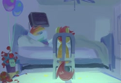 Size: 2048x1407 | Tagged: safe, artist:piesinful, derpibooru import, rainbow dash, scootaloo, pegasus, pony, comic:unlucky day, fanfic:cupcakes, g4, balloon, bed, duo, duo female, facing away, female, filly, foal, hospital, hospital bed, indoors, lying down, mare, on back