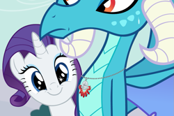 Size: 905x600 | Tagged: safe, artist:queencold, derpibooru import, princess ember, rarity, dragon, pony, unicorn, g4, bust, dragoness, duo, duo female, female, horn, jewelry, mare, necklace, outdoors, show accurate, smiling, starry eyes, wingding eyes