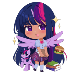 Size: 5000x5000 | Tagged: safe, artist:kittyrosie, derpibooru import, twilight sparkle, twilight sparkle (alicorn), alicorn, human, pony, g4, blushing, book, burger, chibi, clothes, cute, food, hamburger, happy, horn, horned humanization, human ponidox, humanized, open mouth, open smile, self paradox, self ponidox, simple background, skirt, smiling, spread wings, tan skin, transparent background, twiabetes, winged humanization, wings