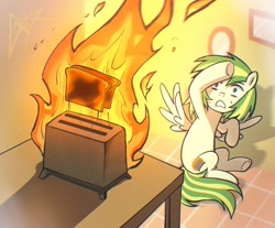 Size: 2148x1780 | Tagged: safe, artist:goldenage2049, derpibooru import, oc, oc only, oc:wooden toaster, pegasus, bread, burned toast, female, fire, food, indoors, mare, pegasus oc, solo, toast, toaster, wings