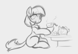 Size: 4684x3241 | Tagged: safe, artist:maretheory.exe, derpibooru import, coco pommel, g4, cup, grayscale, holding, looking at you, monochrome, sitting, sketch, smiling, table, teacup, teapot