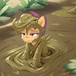 Size: 1408x1408 | Tagged: safe, ai content, derpibooru import, generator:stable diffusion, machine learning generated, scootaloo, pegasus, g4, accident, covered in mud, crash, female, mud, muddy, outdoors, prompter:pzkratzer, solo, unamused