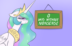 Size: 3220x2073 | Tagged: safe, artist:maretheory.exe, derpibooru import, princess celestia, alicorn, pony, angry, bags under eyes, chalkboard, female, fuck this shit, mare, meme, solo