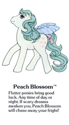 Size: 550x1000 | Tagged: safe, derpibooru import, peach blossom, flutter pony, pegasus, pony, g1, bow, cute, female, g1 backstory, mare, my little pony fact file, official, peachdorable, smiling, solo, tail, tail bow, text