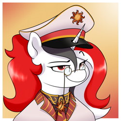 Size: 3000x3000 | Tagged: safe, artist:vipy, derpibooru import, oc, oc only, oc:red rocket, unicorn, equestria at war mod, clothes, collar, glasses, hat, horn, looking at you, necktie, passepartout, peaked cap, ponytail, shirt, smug, solar empire, solo, unicorn oc