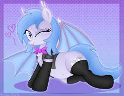 Size: 3839x2972 | Tagged: safe, artist:rainbowšpekgs, derpibooru import, oc, oc only, oc:lucky roll, bat pony, pony, bat pony oc, bat wings, belly, belly button, bowtie, clothes, fangs, female, mare, one eye closed, socks, spread wings, tongue, tongue out, vest, wings, wink