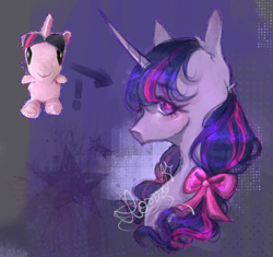 Size: 979x919 | Tagged: safe, artist:hoszzek, derpibooru import, twilight sparkle, pony, g4, bow, bust, female, hair bow, mare, plushie, solo, starry eyes, wingding eyes