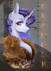 Size: 756x1050 | Tagged: safe, artist:hoszzek, derpibooru import, rarity, pony, unicorn, g4, bust, ear piercing, earring, female, fur coat, horn, horn ring, jewelry, mare, piercing, ring, solo, starry eyes, wingding eyes