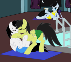 Size: 959x833 | Tagged: safe, artist:shieldwingarmorofgod, derpibooru import, oc, oc only, oc:chloe park, oc:sadie park, oc:shane park, pegasus, g4, female, indoors, kissing, making out, male, straight, swimming pool