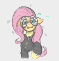 Size: 2079x2165 | Tagged: safe, artist:maretheory.exe, derpibooru import, fluttershy, anime, blushing, clothes, dandadan, flutternerd, nerd, simple background, surprised, sweat, white background