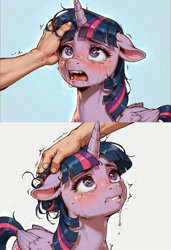 Size: 1152x1684 | Tagged: safe, ai content, derpibooru import, machine learning generated, twilight sparkle, twilight sparkle (alicorn), alicorn, human, pony, g4, blush lines, blushing, collage, crying, cute, female, female focus, hair, hand, heart, heart eyes, human male, light blue background, looking up, male, mare, offscreen character, offscreen human, offscreen male, open mouth, petting, prompter:yuduz367, simple background, solo focus, white background, wingding eyes