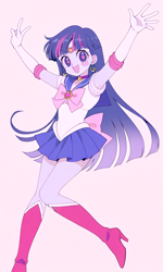 Size: 768x1280 | Tagged: safe, artist:rollyagami02, derpibooru import, twilight sparkle, human, equestria girls, g4, boots, clothes, female, gloves, high heel boots, jewelry, pink background, sailor moon (series), sailor senshi, sailor twilight, sailor uniform, shirt, shoes, simple background, skirt, solo, tiara, uniform