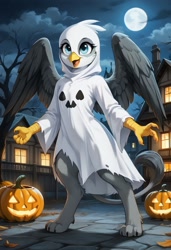 Size: 832x1216 | Tagged: safe, ai content, derpibooru import, generator:pony diffusion v6 xl, generator:stable diffusion, machine learning generated, gabby, ghost, griffon, semi-anthro, undead, g4, beak, bipedal, clothes, costume, female, ghost costume, halloween, halloween costume, holiday, jack-o-lantern, moon, open beak, open mouth, open smile, outdoors, prompter:gregorymars, pumpkin, smiling, solo, standing