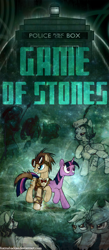 Size: 600x1382 | Tagged: safe, artist:foxinshadow, applejack, doctor whooves, rainbow dash, twilight sparkle, unicorn twilight, oc, earth pony, pegasus, pony, unicorn, fanfic:doctor whooves - the series, clothing, crossover, doctor who, fanfic, fanfic art, fanfic cover, female, male, mare, spear, stallion, weapon