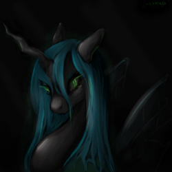 Size: 1600x1600 | Tagged: source needed, safe, artist:lunciafnafpl, derpibooru import, queen chrysalis, changeling, changeling queen, g4, black background, bust, female, glowing, glowing eyes, looking at you, simple background, solo