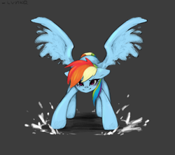 Size: 1800x1600 | Tagged: safe, artist:lunciafnafpl, derpibooru import, rainbow dash, pegasus, pony, g4, crouching, ears, female, floppy ears, front view, gray background, looking at you, mare, simple background, smiling, smiling at you, solo, spread wings, wings