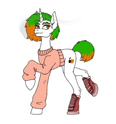 Size: 788x844 | Tagged: safe, alternate version, artist:jehr, derpibooru import, oc, oc only, pony, unicorn, bobcut, boots, cigarette, cigarette smoke, clothes, eyelashes, green hair, horn, lanky, long ears, long horn, long legs, long neck, raised hoof, raised leg, shoes, short hair, short tail, simple background, skinny, smiling, smoke, smoking, solo, sweater, tail, tall, thin, trade, walking, white background, white body