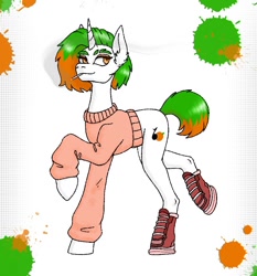 Size: 788x844 | Tagged: safe, alternate version, artist:jehr, derpibooru import, oc, oc only, pony, unicorn, bobcut, boots, cigarette, cigarette smoke, clothes, eyelashes, green hair, horn, lanky, long ears, long horn, long legs, long neck, paint stains, raised hoof, raised leg, shoes, short hair, short tail, skinny, smiling, smoke, smoking, solo, sweater, tail, tall, thin, trade, walking, white body