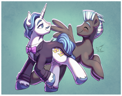 Size: 2109x1671 | Tagged: safe, artist:bkiltersot, derpibooru import, fancypants, thunderlane, pegasus, pony, unicorn, g4, blushing, border, clothes, duo, duo male, eyes closed, fancylane, floating, gay, horn, looking at each other, looking at someone, male, smiling, stallion, unshorn fetlocks