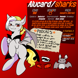 Size: 2000x2000 | Tagged: safe, artist:eniartuwu, derpibooru import, oc, oc only, oc:alucard, bat, bat pony, pony, undead, vampire, vampony, digital art, dreamworks face, eyebrows, fangs, gradient background, looking at you, male, raised eyebrow, red background, reference sheet, simple background, solo, spanish, stallion