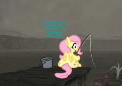 Size: 618x435 | Tagged: safe, artist:jargon scott, derpibooru import, fluttershy, pegasus, pony, g4, bucket, butt, dialogue, facing away, female, fishing, fishing rod, flutterbutt, hoof hold, lake, mare, morrowind, pier, plot, solo, the elder scrolls, water