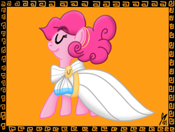 Size: 2160x1620 | Tagged: safe, artist:jesslmc16, derpibooru import, idw, pinkie pie, earth pony, pony, g4, clothes, eyes closed, female, greek, greek clothes, greek mythology, mare, my little pony classics reimagined: the odyssey, simple background, smiling, solo