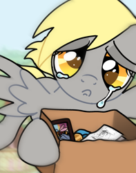 Size: 1899x2408 | Tagged: safe, artist:doodlesinky, derpibooru import, derpy hooves, pegasus, g4, box, crying, female, flying, mare, selfie, unemployment