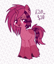 Size: 1200x1430 | Tagged: safe, artist:doodlesinky, derpibooru import, oc, unicorn, adoptable, blank flank, bridge piercing, coontails, ear piercing, eyebrow piercing, female, horn, horn piercing, lip piercing, mare, monochrome, nose piercing, obtrusive watermark, piercing, pink, scenecore, septum piercing, watermark