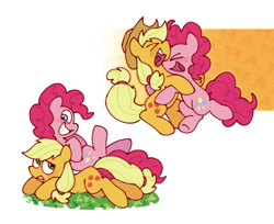 Size: 620x507 | Tagged: safe, artist:driftwoodpony, derpibooru import, applejack, pinkie pie, earth pony, pony, g4, duo, duo female, eyes closed, female, grin, hatless, hug, lesbian, lying down, mare, missing accessory, open mouth, open smile, prone, ship:applepie, shipping, simple background, smiling, white background