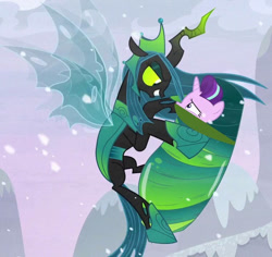 Size: 762x720 | Tagged: safe, derpibooru import, edit, edited screencap, screencap, queen chrysalis, starlight glimmer, changeling, changeling queen, pony, unicorn, g4, the ending of the end, cocoon, cropped, duo, gagged edit, horn, my little pony: friendship is magic, outdoors, restrained, starlight vs chrysalis